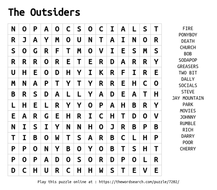 The outsiders word search answer key