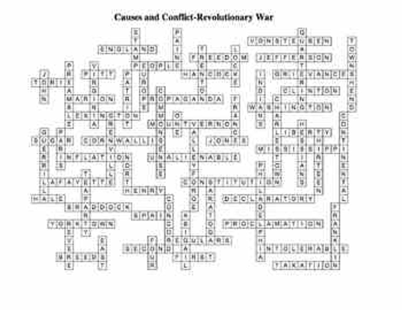 Causes and conflict-revolutionary war crossword